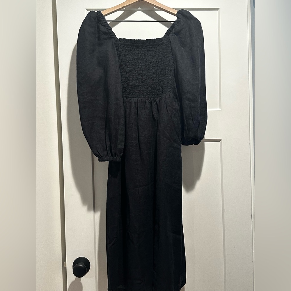 Jcrew NWT Smocked Puffed Sleeve Midi Dress XXS in black linen